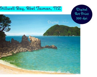 Hermosa impresión de arte digital de Stillwell Bay, Abel Tasman, Nueva Zelanda. Solo descarga digital.