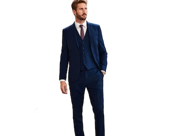 Men's Navy Blue 3 Piece Suit Slim Fit Pierre Cardin Jacket Trouser Waistcoat Wedding Formal Prom Business Sixth Form