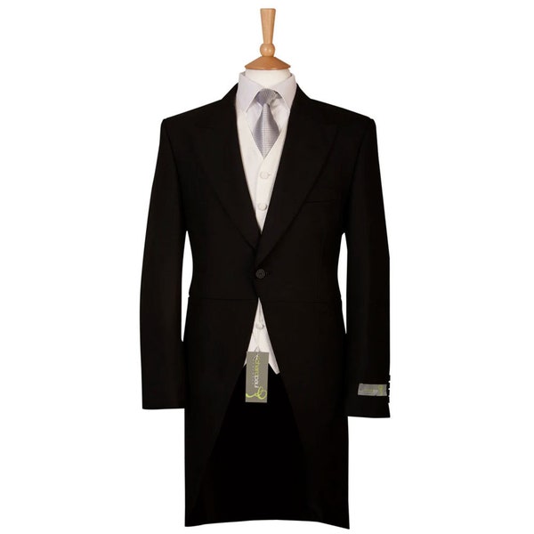 Veste Tailcoat noire pour les mariages Royal Ascot Formal Herringbone Morning Wear 100% Laine Ex Hire