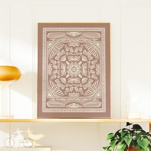 Abstract floral geometric folk art in terracotta and beige floral design. Digital Download art print in sizes 8x10, 11x14, 16x20 and 20x24 JPG high resolution files