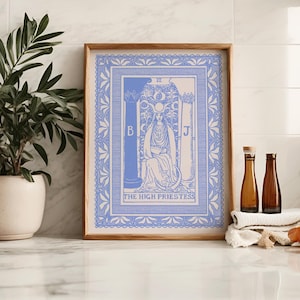 Impresión artística de la carta del Tarot La Sacerdotisa - Dibujo vintage de líneas azules - Estampado floral abstracto - Descarga digital JPG - Ilustración antigua