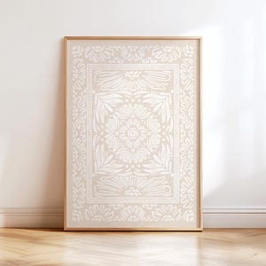 Vintage Tan & Beige Floral Art Print | Watercolor Line Drawing | Neutral Boho Large Abstract Painting | Folk Flower Minimalist Artwork