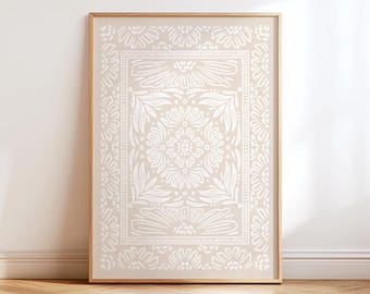Vintage Tan & Beige Floral Art Print | Watercolor Line Drawing | Neutral Boho Large Abstract Painting | Folk Flower Minimalist Artwork