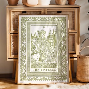 Impresión de arte de pared con la carta del tarot de la Emperatriz: impresión en bloque verde oliva con patrón floral de encaje: descarga digital para decoración bohemia y vintage