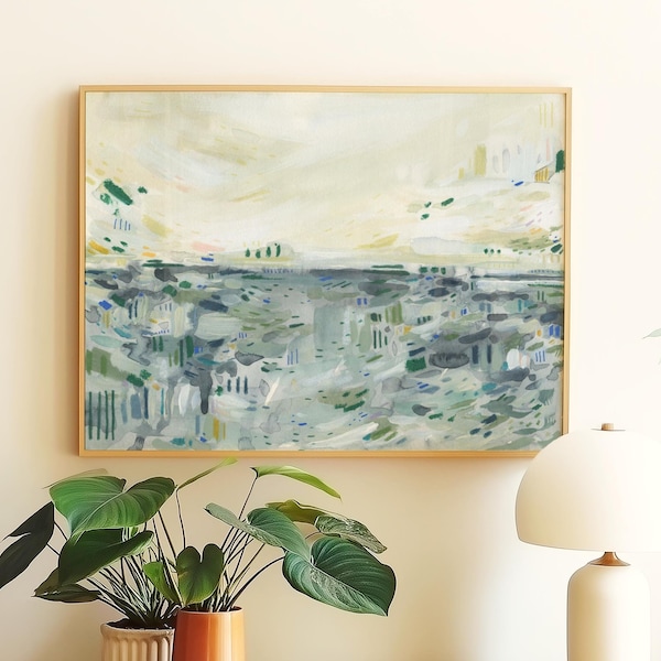 Küsten abstrakte Landschaft Kunstdruck, blau zeitgenössischer digitaler Download, gedämpft & Kobaltblau Kunstwerk, moderne Ozean-inspirierte Wandkunst