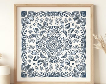 Indigo Blue Floral Mandala Art Print - Abstract Flower Line Drawing | Boho Watercolor Digital Download | Square Wall Art Decor 20x20