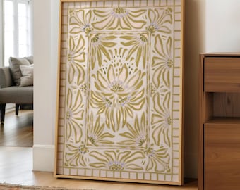 Boho abstrakcyjna kwiatowa sztuka ścienna do pobrania, ciepły neutralny abstrakcyjny wzór, tropikalny brzoskwiniowo-beżowy zielony nowoczesny styl vintage, duży rozmiar wydruku,