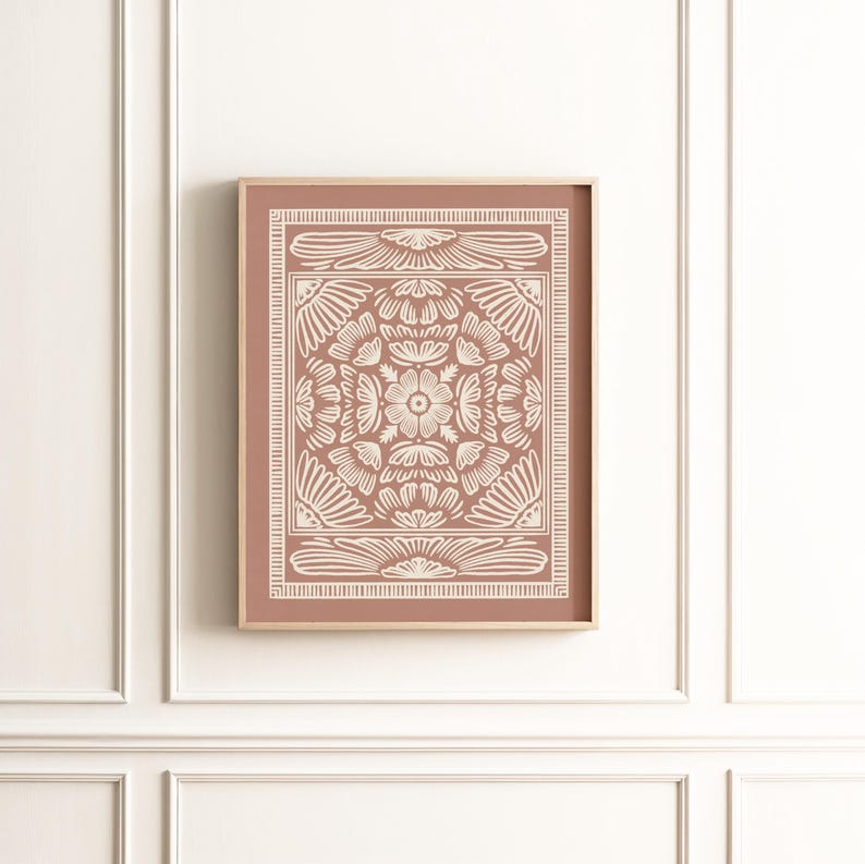 Elegant vintage-inspired floral wall art in earthy terracotta with a hand-drawn cream design. Perfect for boho, rustic, and modern farmhouse interiors. High-resolution JPG download available in sizes 8x10 to 18x24 inches. custom sizes available