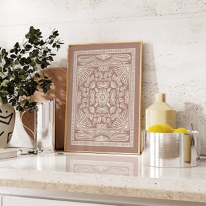 Hand-drawn floral pattern in earthy terracotta tones with an ornate symmetrical design. A versatile piece for traditional, boho, and transitional decor styles. Digital download, prints in multiple sizes up to 18x24 inches, 300 DPI JPG format