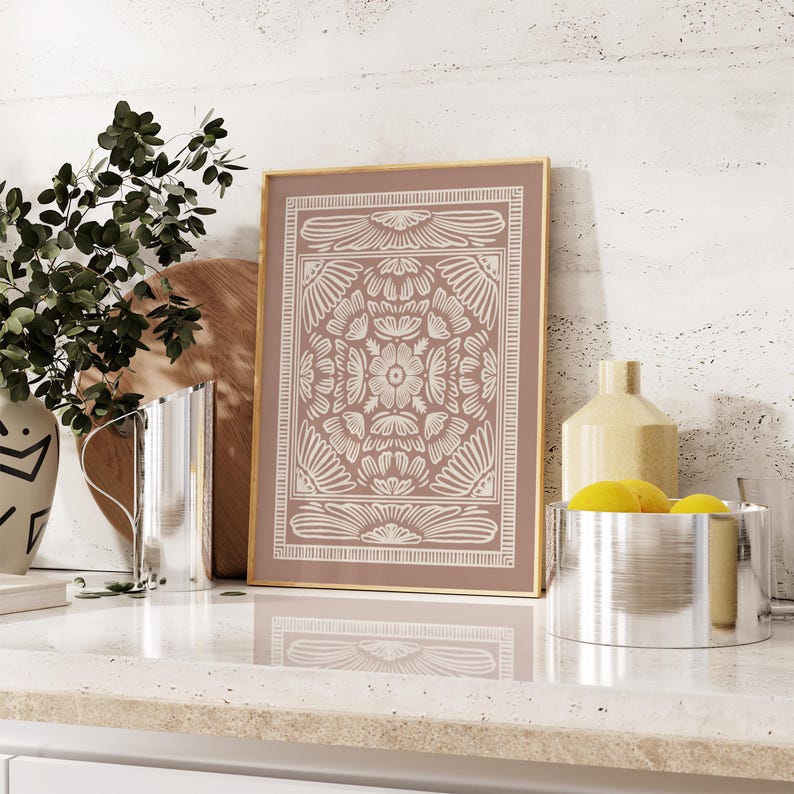 Hand-drawn floral pattern in earthy terracotta tones with an ornate symmetrical design. A versatile piece for traditional, boho, and transitional decor styles. Digital download, prints in multiple sizes up to 18x24 inches, 300 DPI JPG format