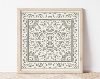May include: A framed print with a white background and a large, intricate, gray floral design.