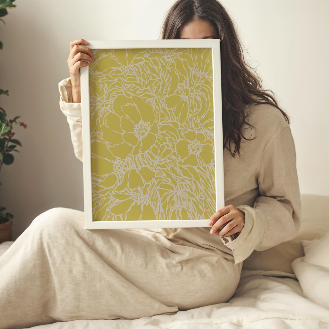 Chartreuse Green Floral Pattern Art Print - Modern Botanical Line Art ...
