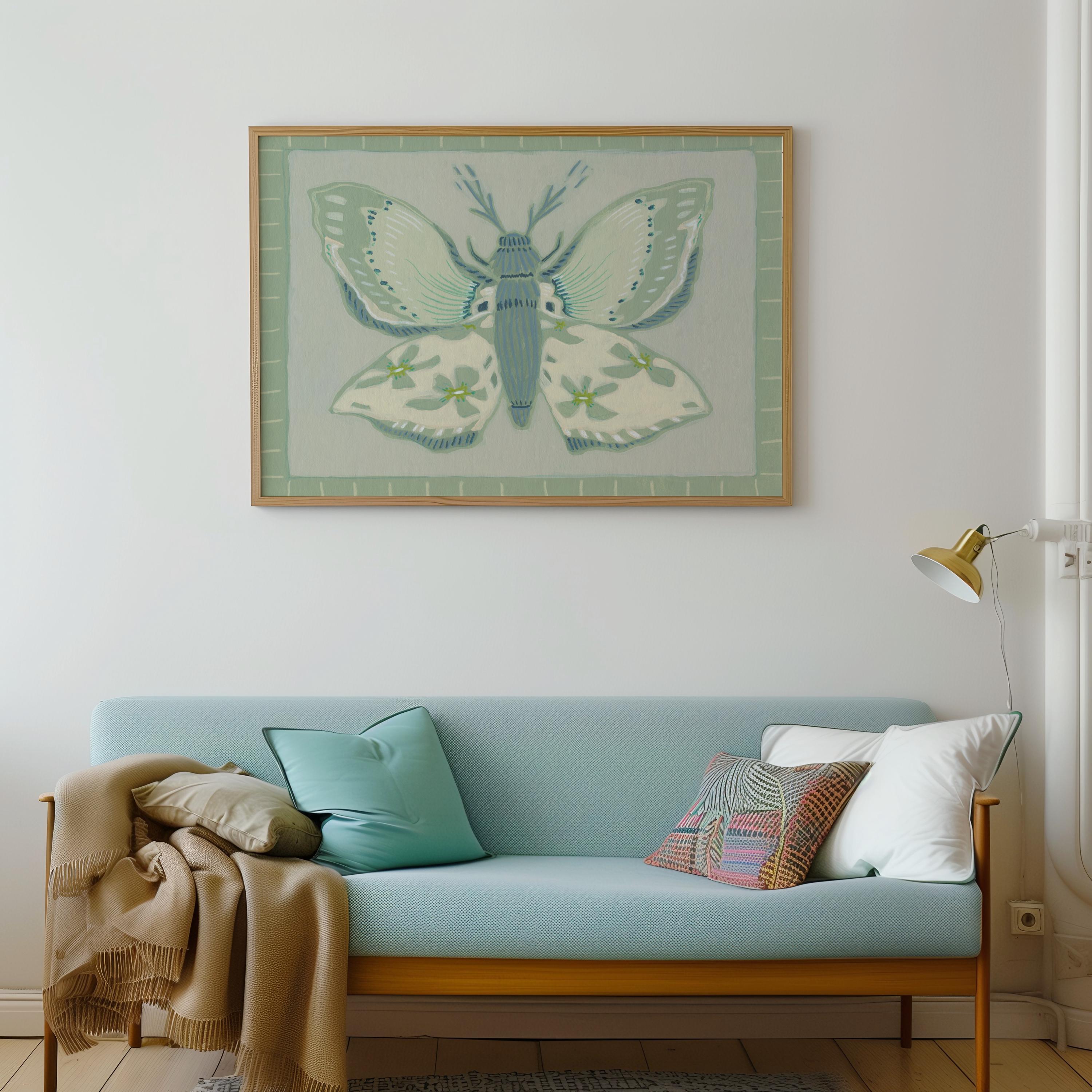 Blue Moth Digital Download Art Print - Elegant Boho Floral Wall Decor ...