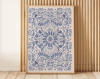 Indygo Blue Floral Folk Art Print - Japandi Block Print Botanical Design - Abstrakcyjna sztuka akwarelowa do wystroju w stylu boho i vintage | JPG