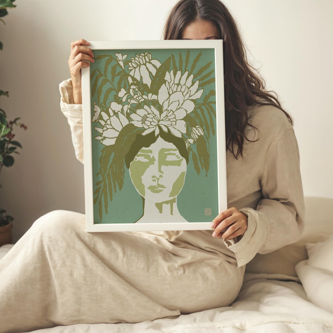 Abstract Woman Art Print - Sage Green Botanical Portrait - Modern ...