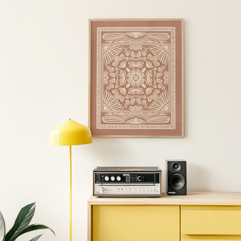 Folk floral print in a warm terracotta hue with delicate cream details. A vintage-inspired digital download perfect for cozy, boho, or neutral home decor. Printable JPG artwork, high-res 300 DPI in multiple standard sizes. custom sizes available