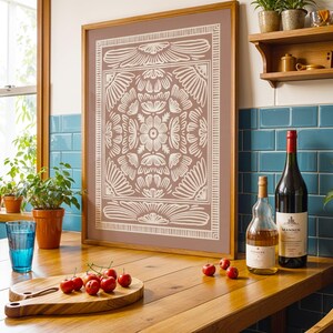 Symmetrical folk-inspired floral print in muted terracotta and ivory, adding warmth and charm to boho, French country, and Japandi-style interiors. JPG download artwork in standard size up to 18x24 inches, 300 DPI custom sizes available upon request