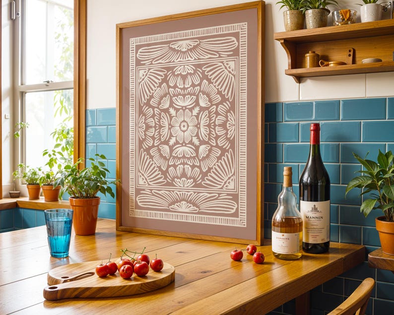 Symmetrical folk-inspired floral print in muted terracotta and ivory, adding warmth and charm to boho, French country, and Japandi-style interiors. JPG download artwork in standard size up to 18x24 inches, 300 DPI custom sizes available upon request