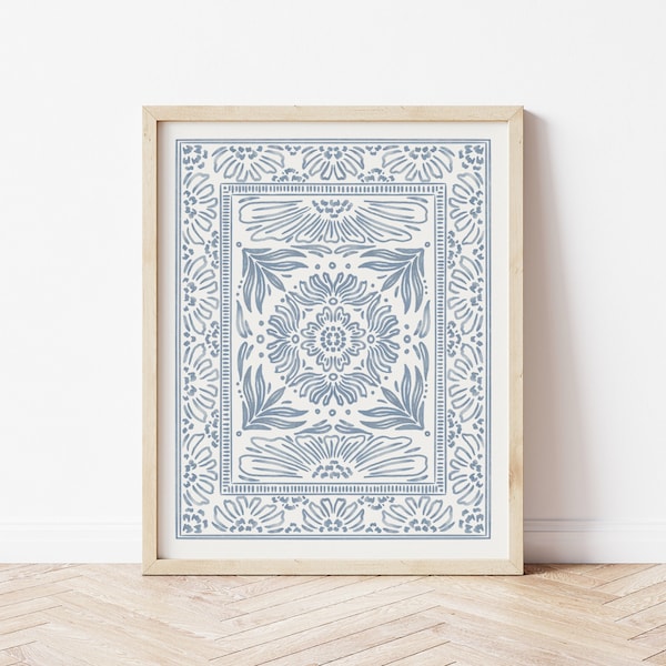 Digitale Antike Aquarell Zeichnung | Blau Akzent Kunstwerk | Landhausstil | Boho Wohnzimmer | Art-Deco-Haus | Herunterladbarer Kunstdruck