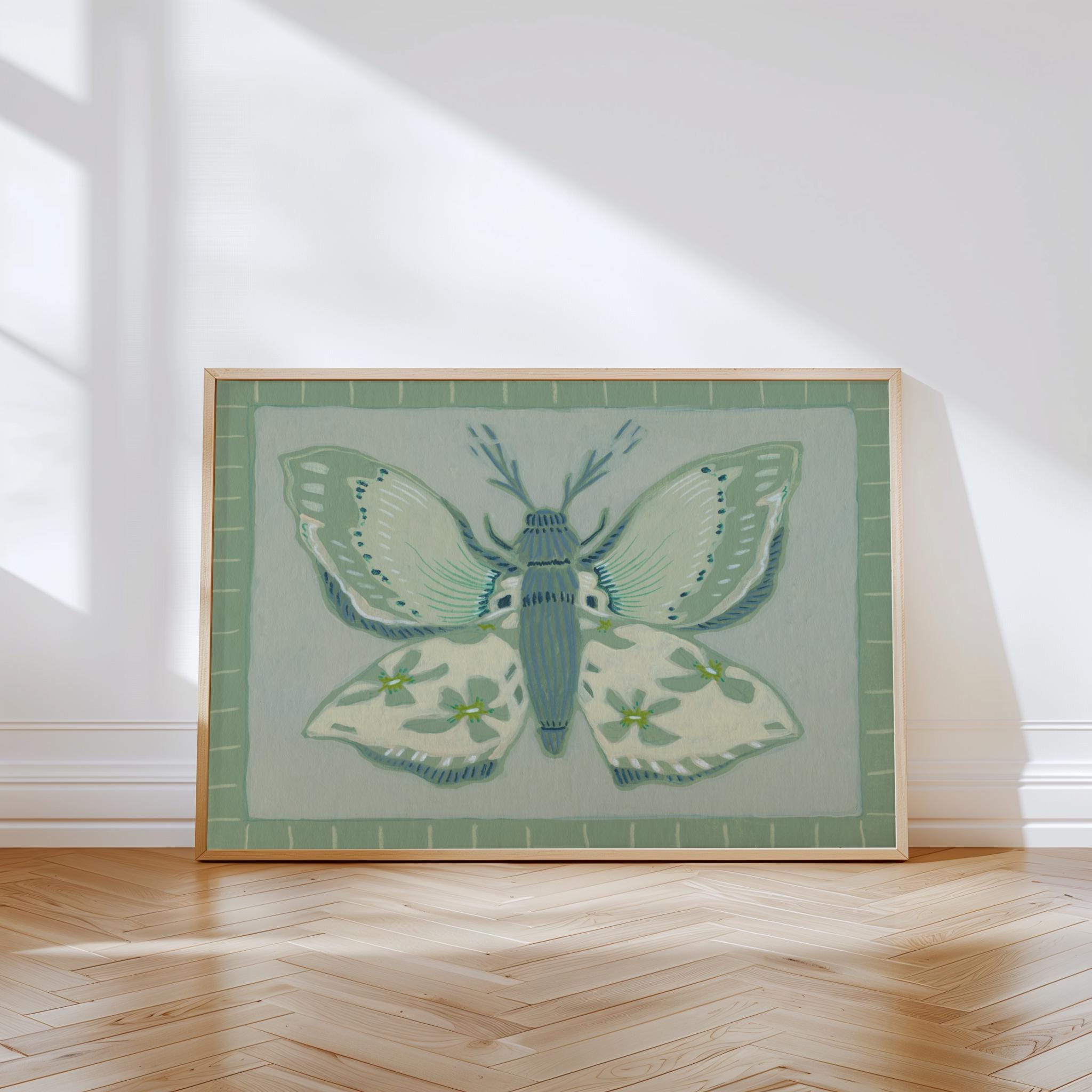 Blue Moth Digital Download Art Print - Elegant Boho Floral Wall Decor ...