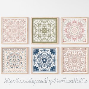 May include: Six framed prints with intricate floral patterns in shades of pink, green, blue, and beige. The prints are arranged in a grid pattern on a white wall.