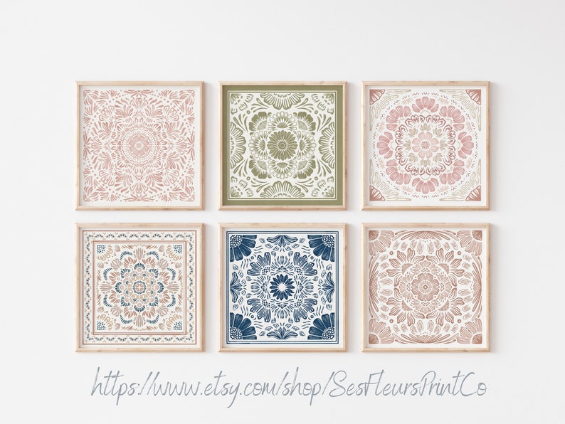 May include: Six framed prints with intricate floral patterns in shades of pink, green, blue, and beige. The prints are arranged in a grid pattern on a white wall.