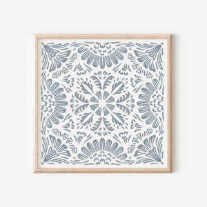 Blue Gray Portuguese Tile Watercolor Mandala Line Drawing | Digital Download Art Print