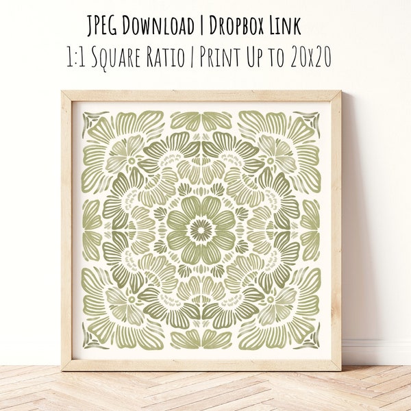 Olive Green Vintage-inspired botanical art print, Floral Bohemian Greenery Artwork, Nature-inspired Square Painting, Cottage Core Home Decor