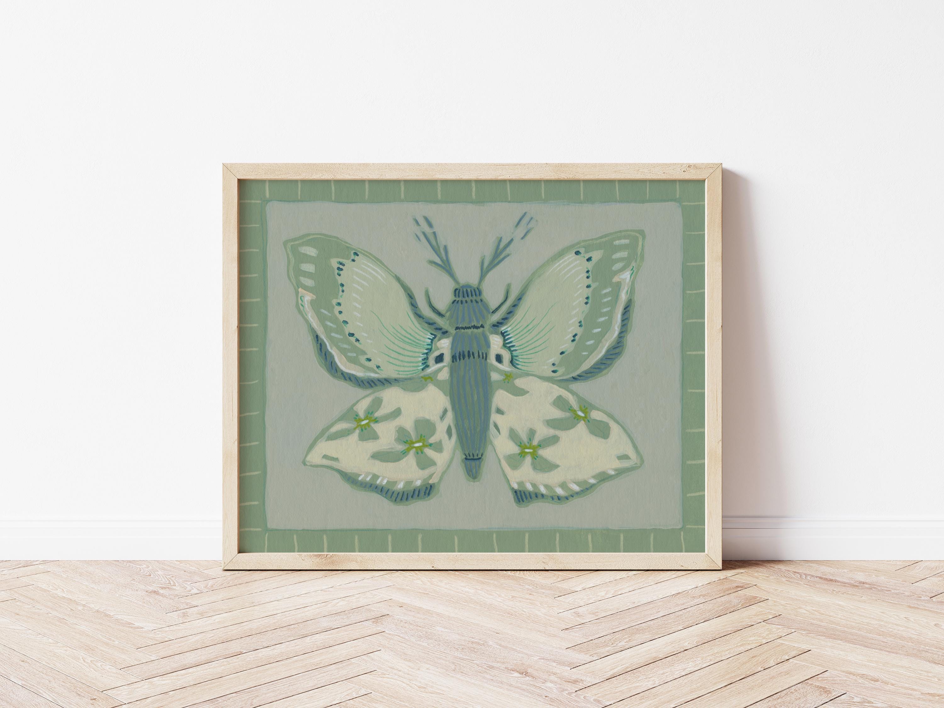 Blue Moth Digital Download Art Print - Elegant Boho Floral Wall Decor ...