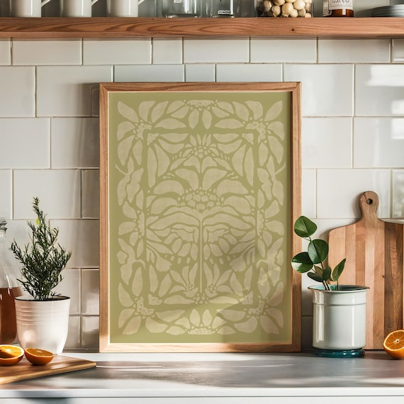 Folk Floral Pattern Art Print in Olive Green, Digital Download Printable Artwork, Minimal Botanical Poster, Vintage Watercolor Design JPG