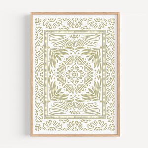 May include: A framed print with a green floral pattern. The design features a repeating pattern of stylized flowers and leaves.