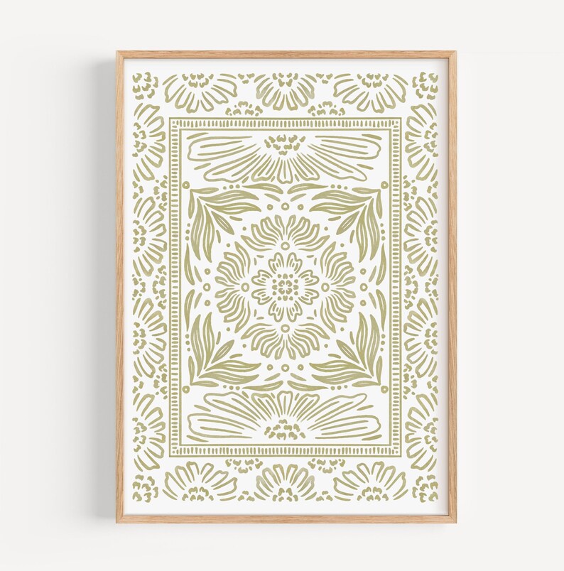 May include: A framed print with a green floral pattern. The design features a repeating pattern of stylized flowers and leaves.