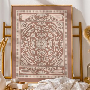 Timeless boho folk art print featuring delicate symmetrical floral motifs in a rustic terracotta and cream palette. A perfect addition to vintage, cottagecore, or French country decor. High-resolution JPG download - available in custom sizes