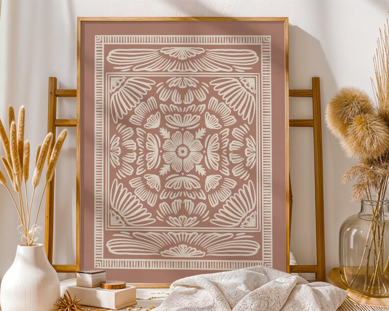 Timeless boho folk art print featuring delicate symmetrical floral motifs in a rustic terracotta and cream palette. A perfect addition to vintage, cottagecore, or French country decor. High-resolution JPG download - available in custom sizes