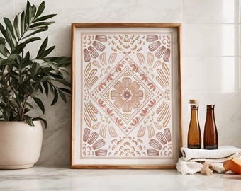 Stampa artistica con motivo floreale Desert Rose / Soggiorno botanico boho / Decorazione murale in terracotta e pesca / Decorazione per la casa in stile terroso / Acquerello astratto