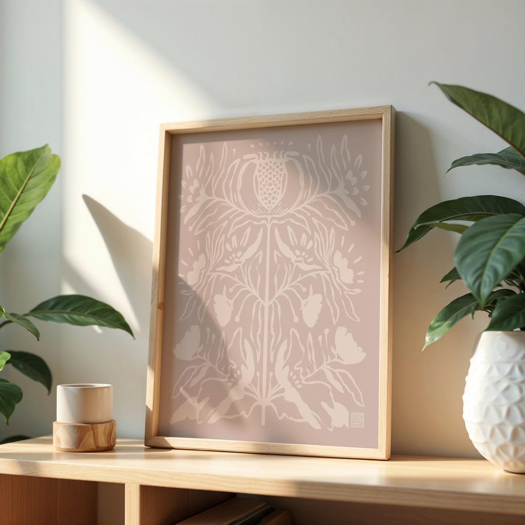 Blush Beige Folk Floral Art Print, Modern Boho Botanical Wall Decor ...