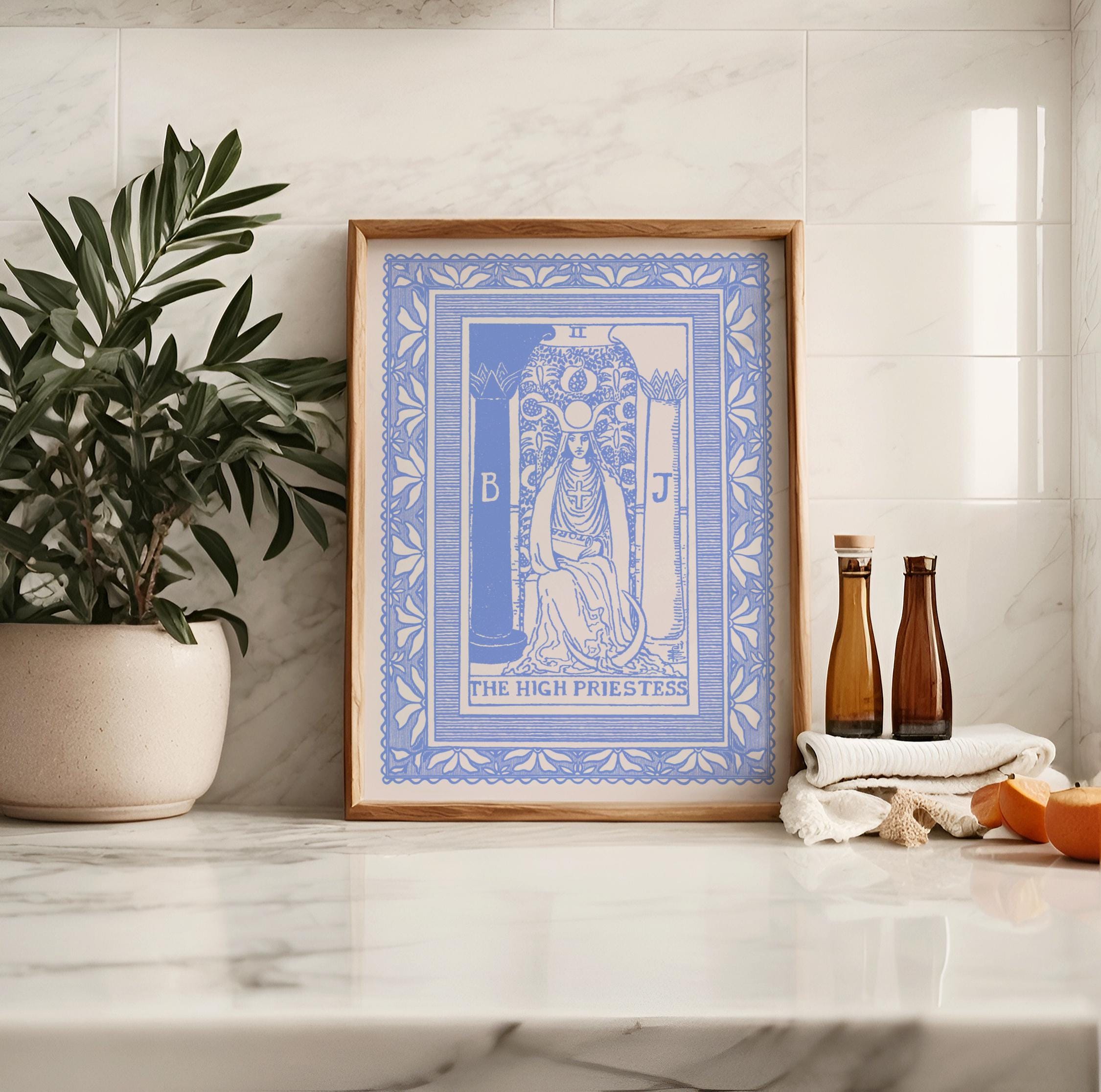 The High Priestess Tarot Card Art Print - Vintage Blue Line Drawing - Abstract Floral Pattern - Digital Download JPG - Antique Illustration