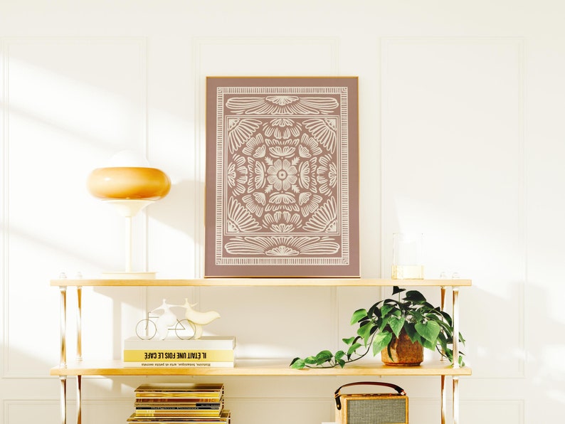 Abstract floral geometric folk art in terracotta and beige floral design. Digital Download art print in sizes 8x10, 11x14, 16x20 and 20x24 JPG high resolution files