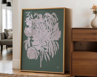 Dark Green Floral Silhouette Art Print - Minimalist Botanical Artwork - Vintage Abstract Bouquet Printable JPG  | Moody Earthy Home Decor