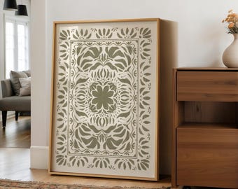 Olive Green Folk Floral Wall Art | Vintage Botanical Print | Boho Digital Download JPG | Cottagecore Home Decor | Earthy Nouveau Artwork