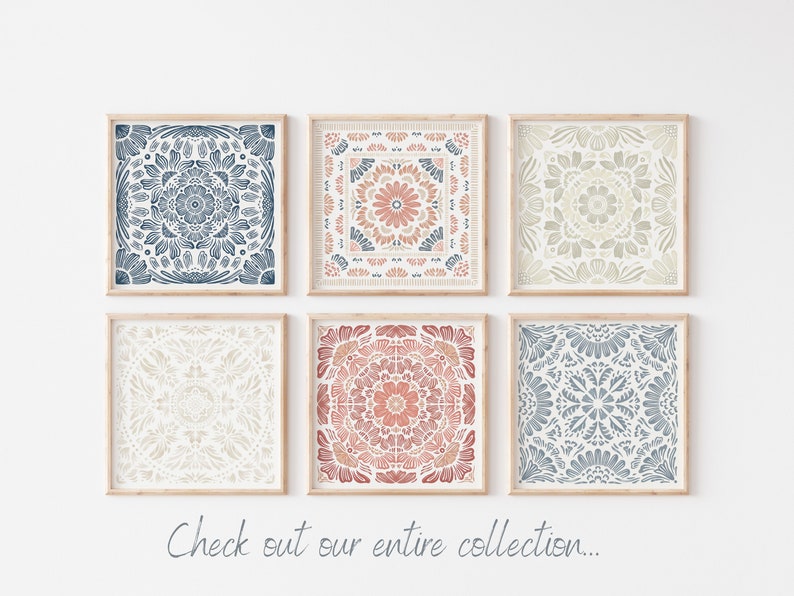 May include: Six framed prints with intricate mandala designs in shades of blue, beige, and pink. The prints are arranged in a grid pattern on a white wall.
