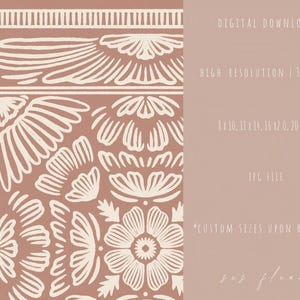 Boho folk art print with intricate floral motifs in warm terracotta and cream. Inspired by vintage textile patterns, this symmetrical design suits farmhouse, cottagecore, and Scandinavian decor. Printable JPG digital download up to 18x24 inches