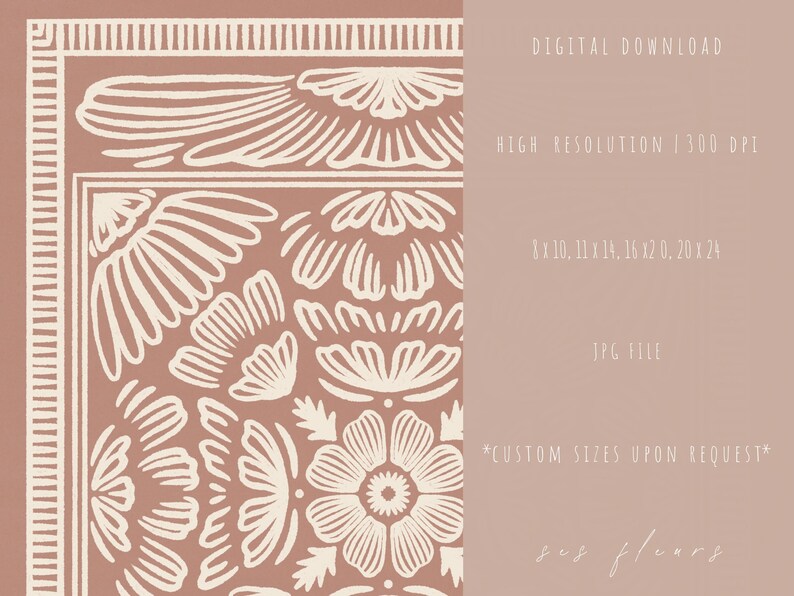 Boho folk art print with intricate floral motifs in warm terracotta and cream. Inspired by vintage textile patterns, this symmetrical design suits farmhouse, cottagecore, and Scandinavian decor. Printable JPG digital download up to 18x24 inches