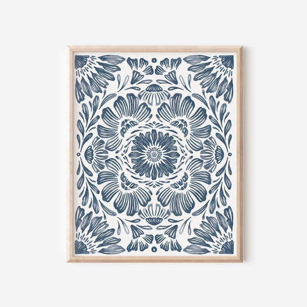 Sonnenblume Blau Mandala Wandkunst | Digitaler Download | Indigo Aquarell Mandala Wanddeko | Boho Home Geschenk Boho Modern Floral Room Art