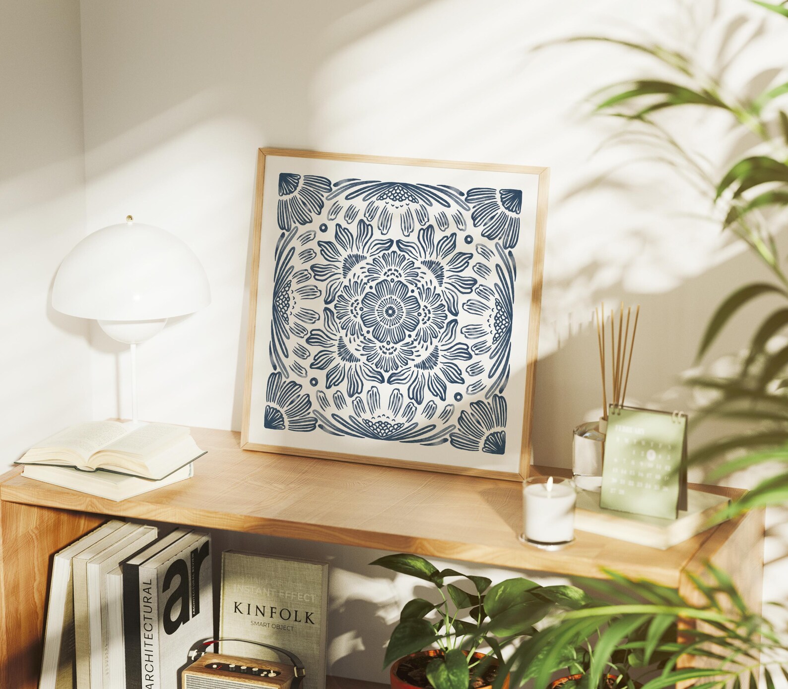 Indigo Blue Floral Mandala Art Print - Abstract Flower Line Drawing ...