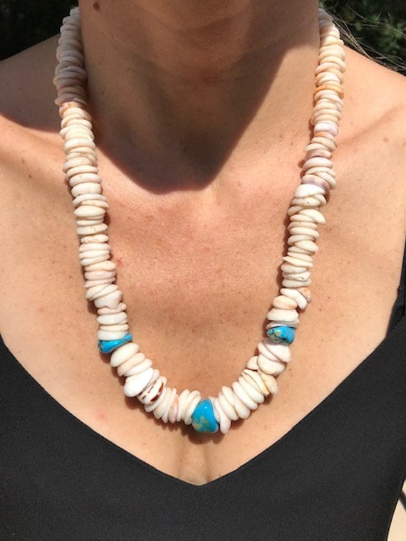 Native American Graduated Puka Shell Turquoise Ne… - image 5