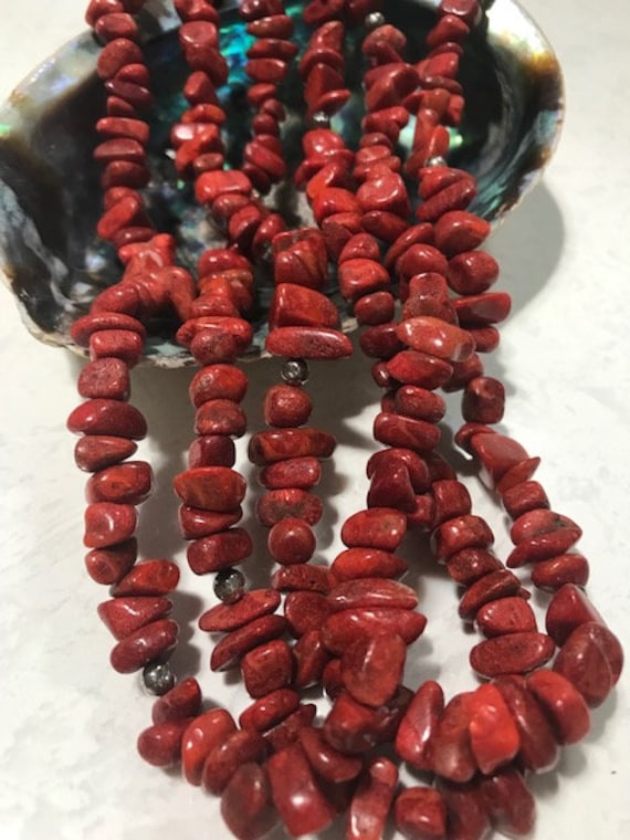 Vintage 3 Strand Rough Red Coral & Sterling Silve… - image 6