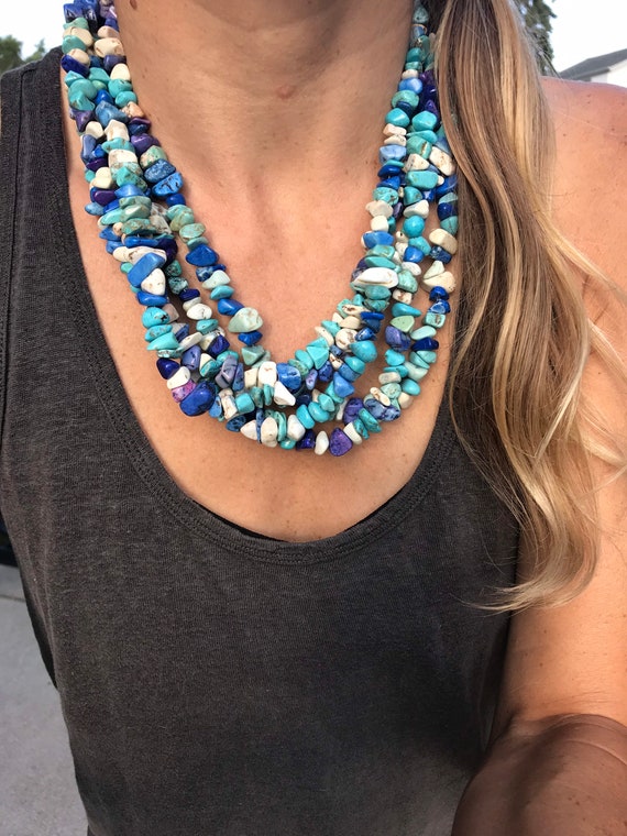 Layered 5 Strand Turquoise, Lapis, Natural Stone … - image 1