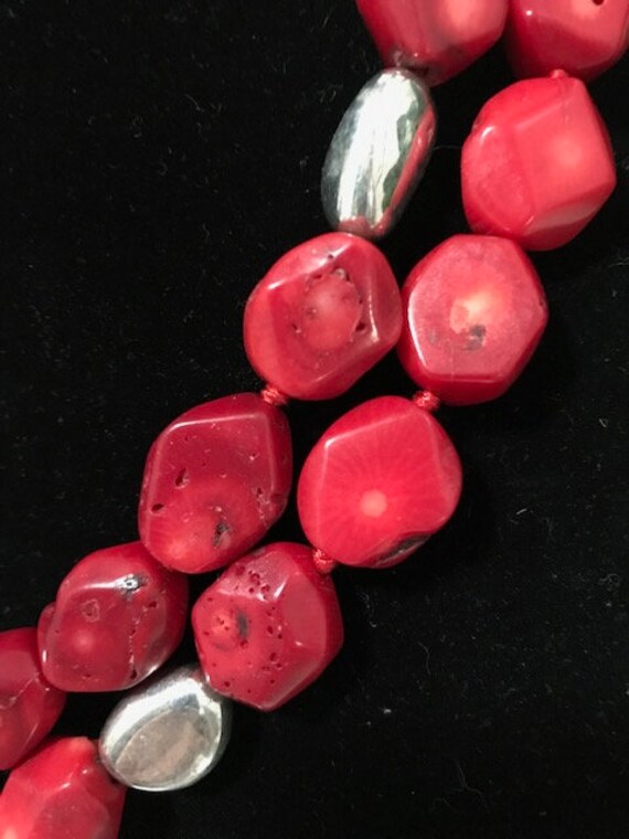 Vintage Red Coral & Silver Bead Necklace - image 2