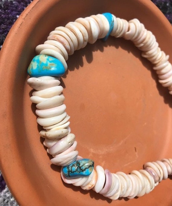 Native American Graduated Puka Shell Turquoise Ne… - image 7